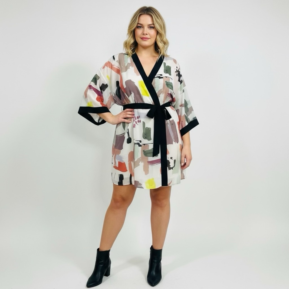 Addition Elle Artistic Abstract Print Kimono‎ Robe Duster Belted Loungewear